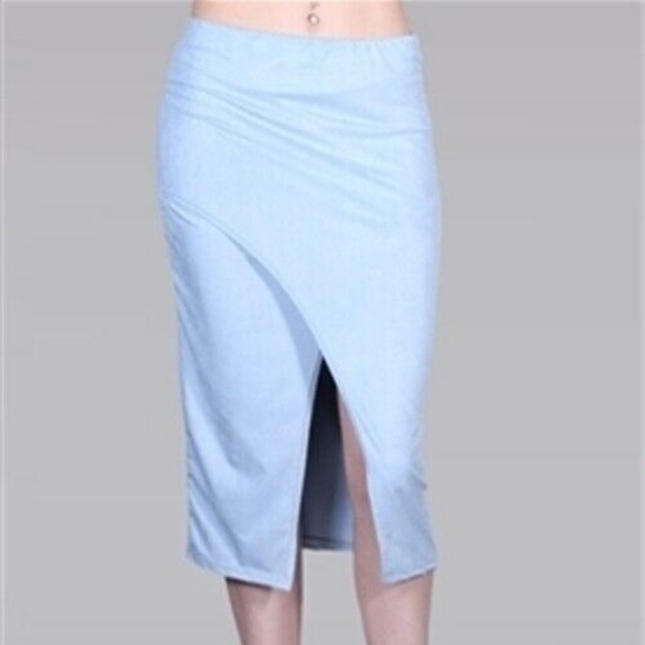 Madrag Large Blue Faux Suede Minimalist Pull-on Elastic Waist Slit Pencil Skirt - Picture 1 of 6